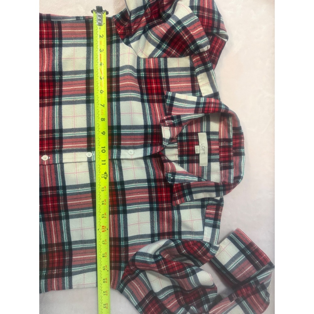 LOFT Red Navy White Metallic Plaid Flannel Button Down Shirt Small - Picture 5 of 6
